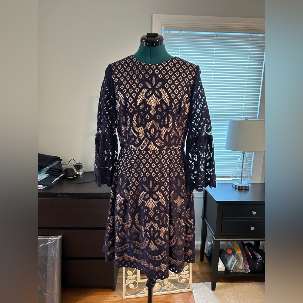 Eliza J Navy Lace Long Sleeve Dress